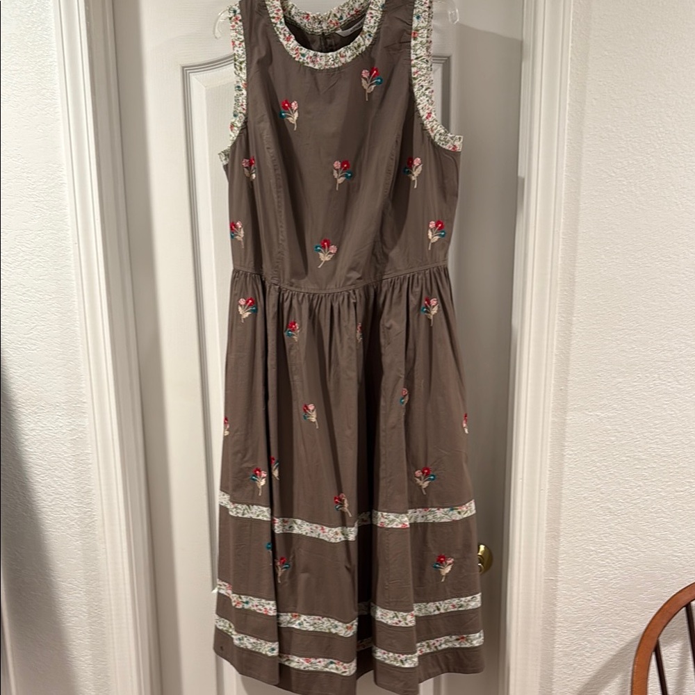 eShakti Brownish Green Embroidered Floral Banded Trim Poplin Dress NWOT